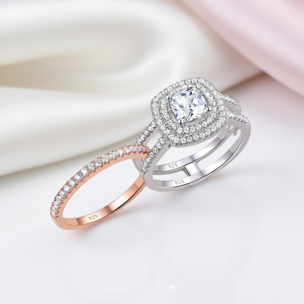 Cushion Cut Diamond Option Double Halo Two Tone Engagement Ring Set-Black Diamonds New York
