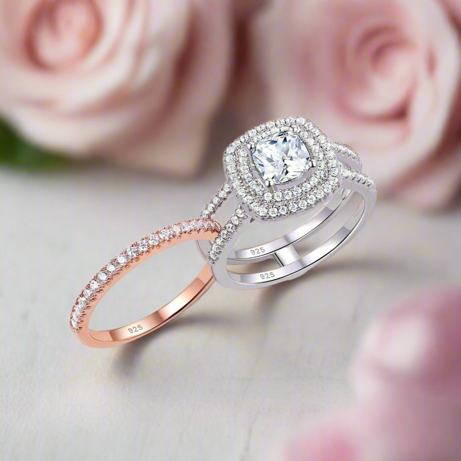 Cushion Cut Diamond Double Halo Two Tone Engagement Ring Set-Black Diamonds New York