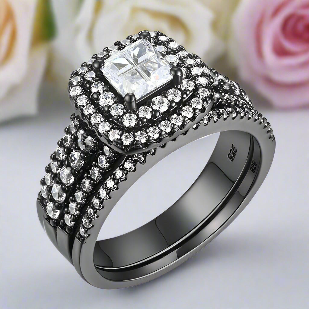 Double Halo Cushion Cut Diamond Black Engagement Ring Set-Black Diamonds New York