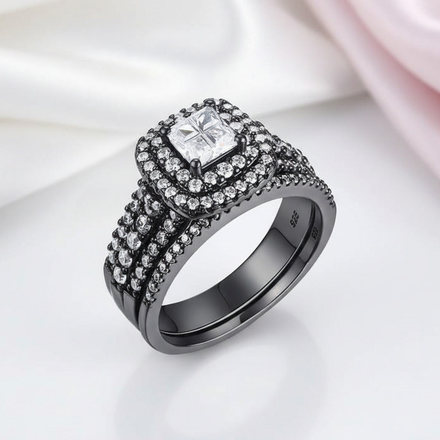 Double Halo Cushion Cut Diamond Option Black Engagement Ring Set-Black Diamonds New York