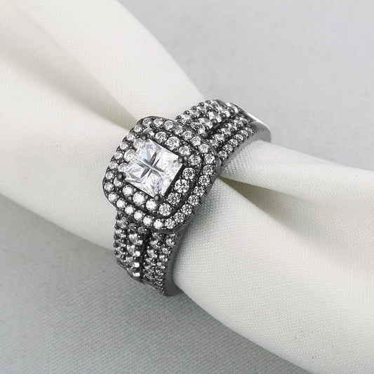 Halo Zircon 925 Sterling Silver Black Wedding/Engagement Ring Set