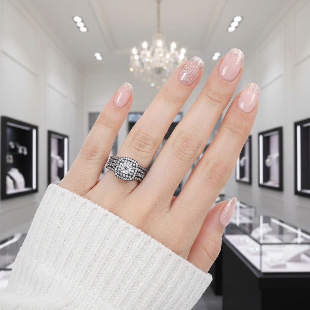 Double Halo Cushion Cut Diamond Option Black Engagement Ring Set-Black Diamonds New York