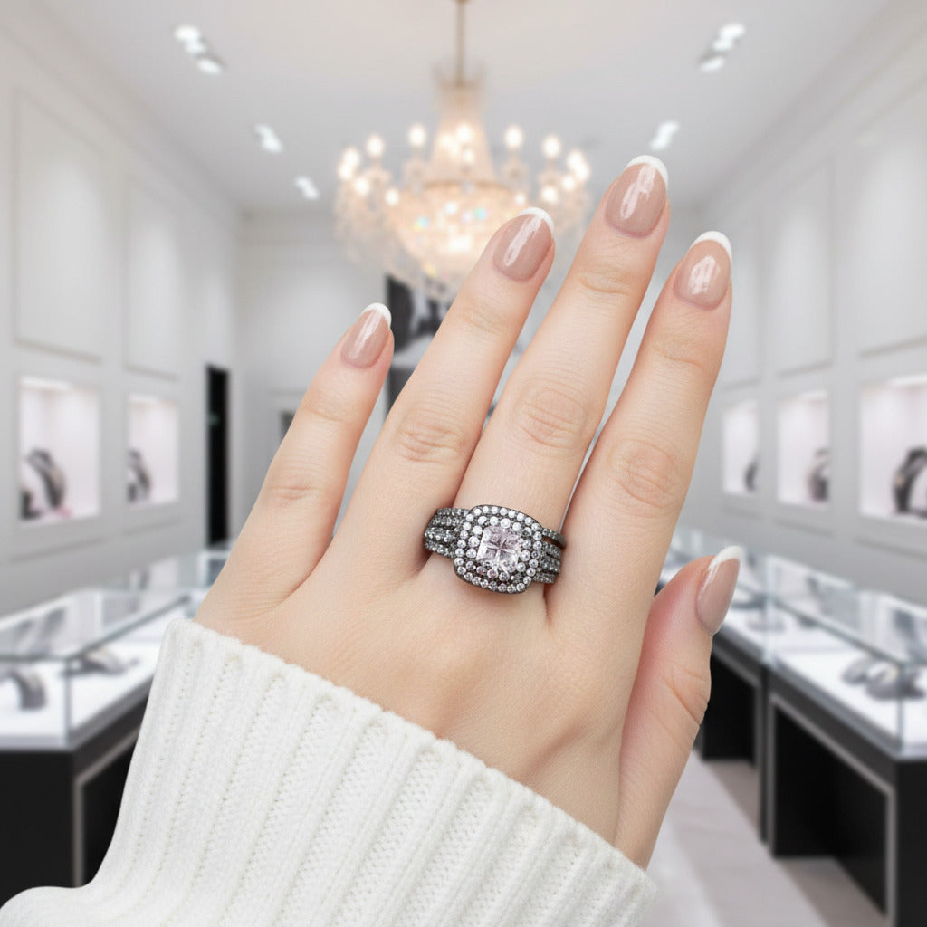 Double Halo Cushion Cut Diamond Option Black Engagement Ring Set-Black Diamonds New York