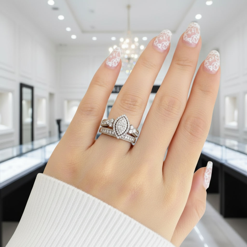 Round Cut Marquise Cluster Vintage Halo Engagement Ring Set-Black Diamonds New York