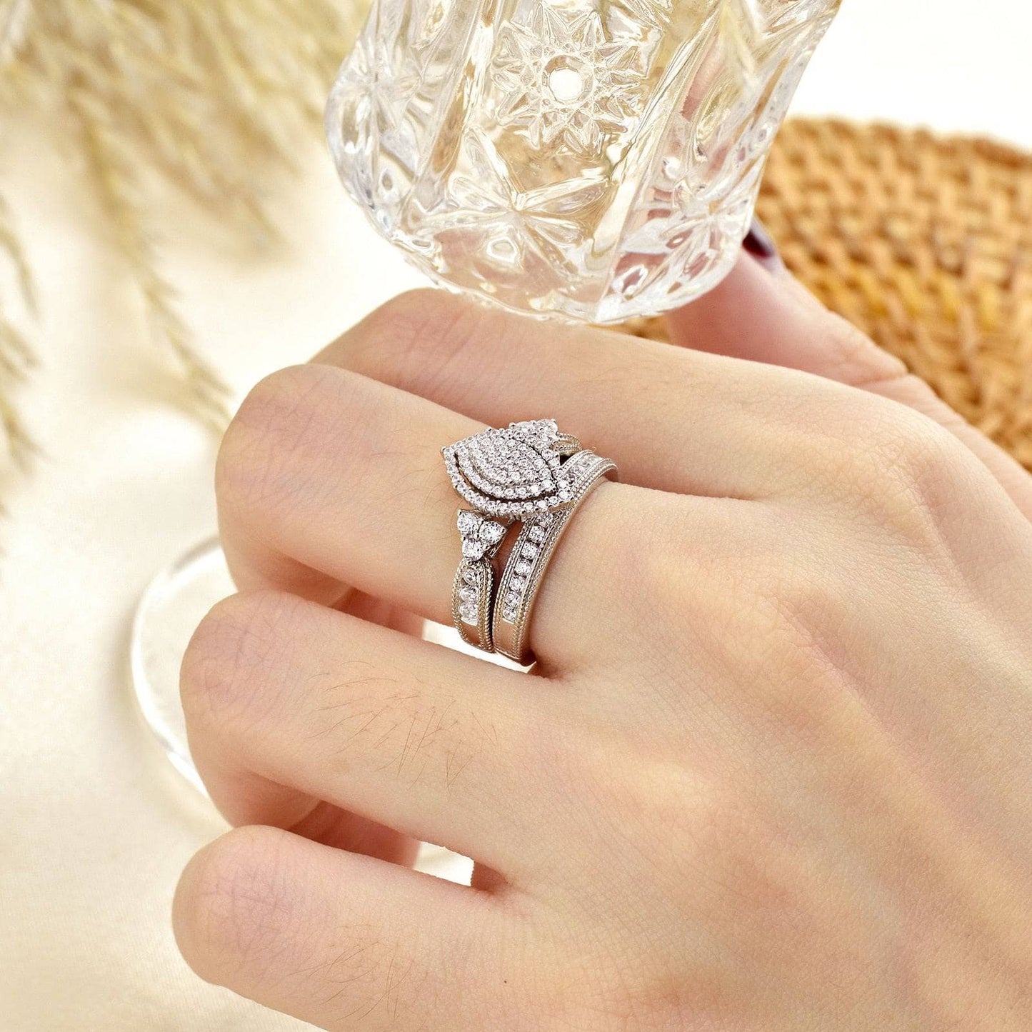 Halo EVN Stone Marquise Cluster Vintage Engagement Ring Set-Black Diamonds New York
