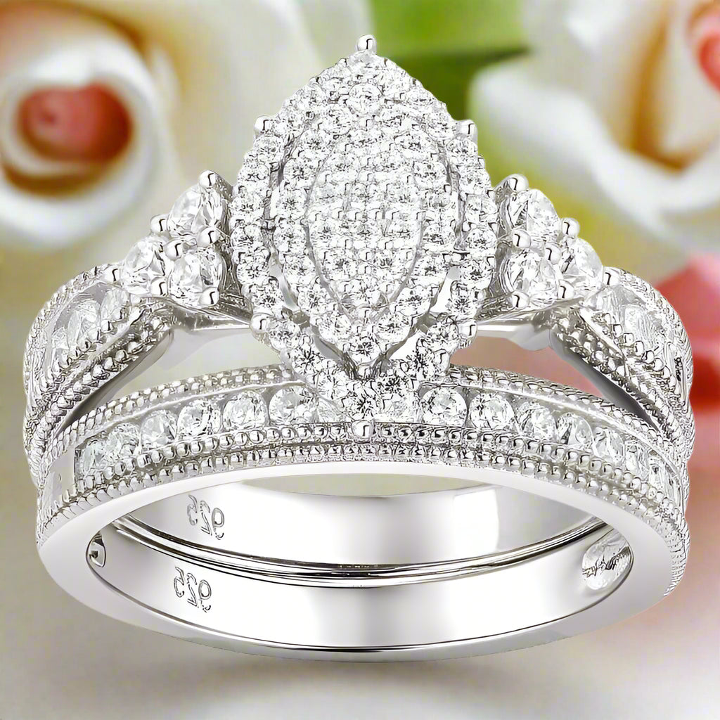 Round Cut Marquise Cluster Vintage Halo Engagement Ring Set-Black Diamonds New York