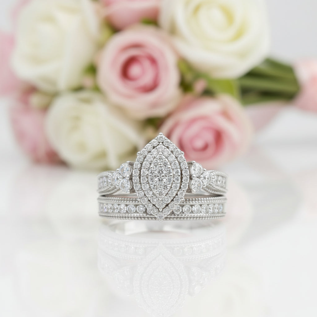 Round Cut Marquise Cluster Vintage Halo Engagement Ring Set-Black Diamonds New York