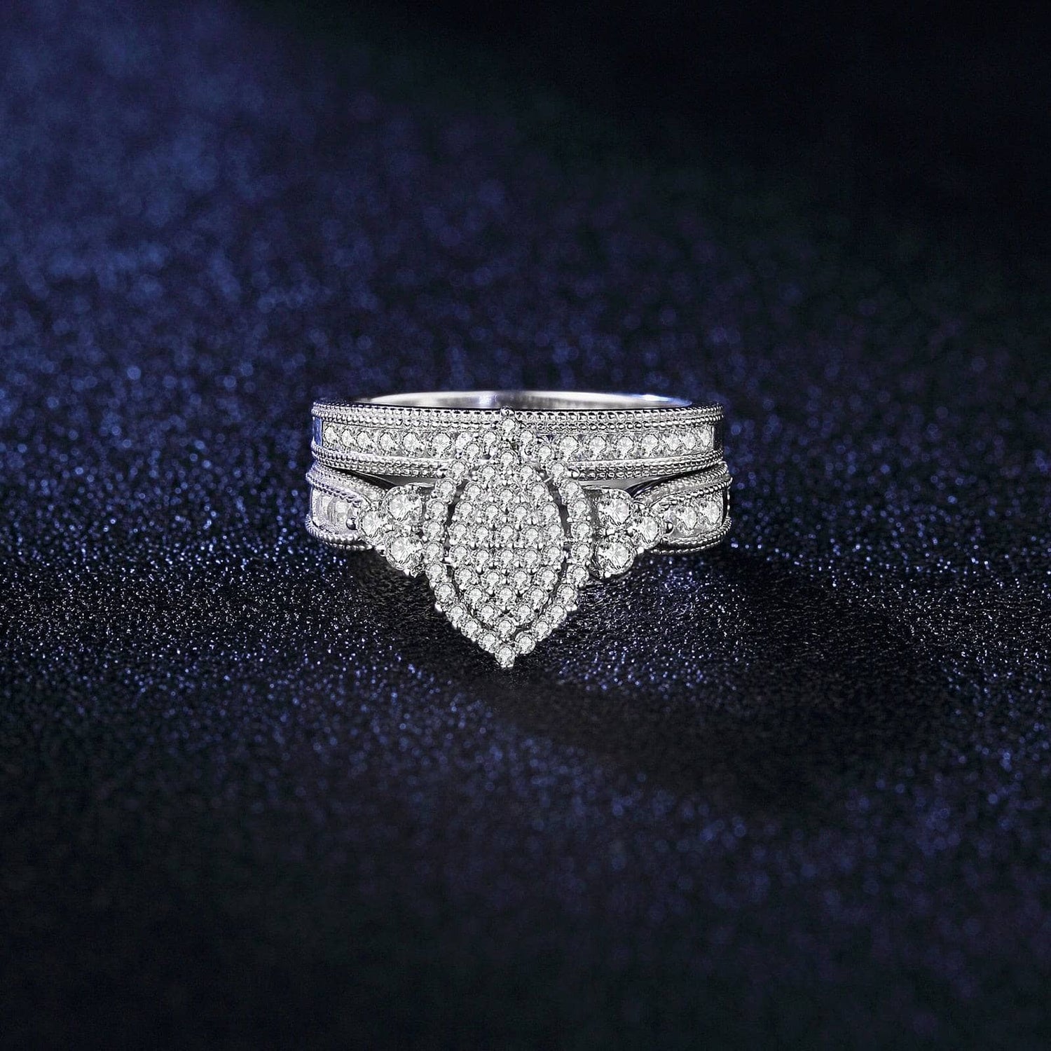Halo EVN Stone Marquise Cluster Vintage Engagement Ring Set-Black Diamonds New York