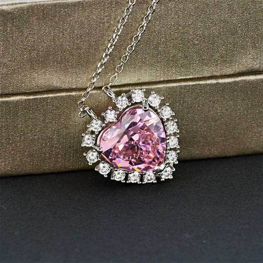 Halo Heart Cut Pink Sapphire Sterling Silver Necklace For Women - Black Diamonds New York