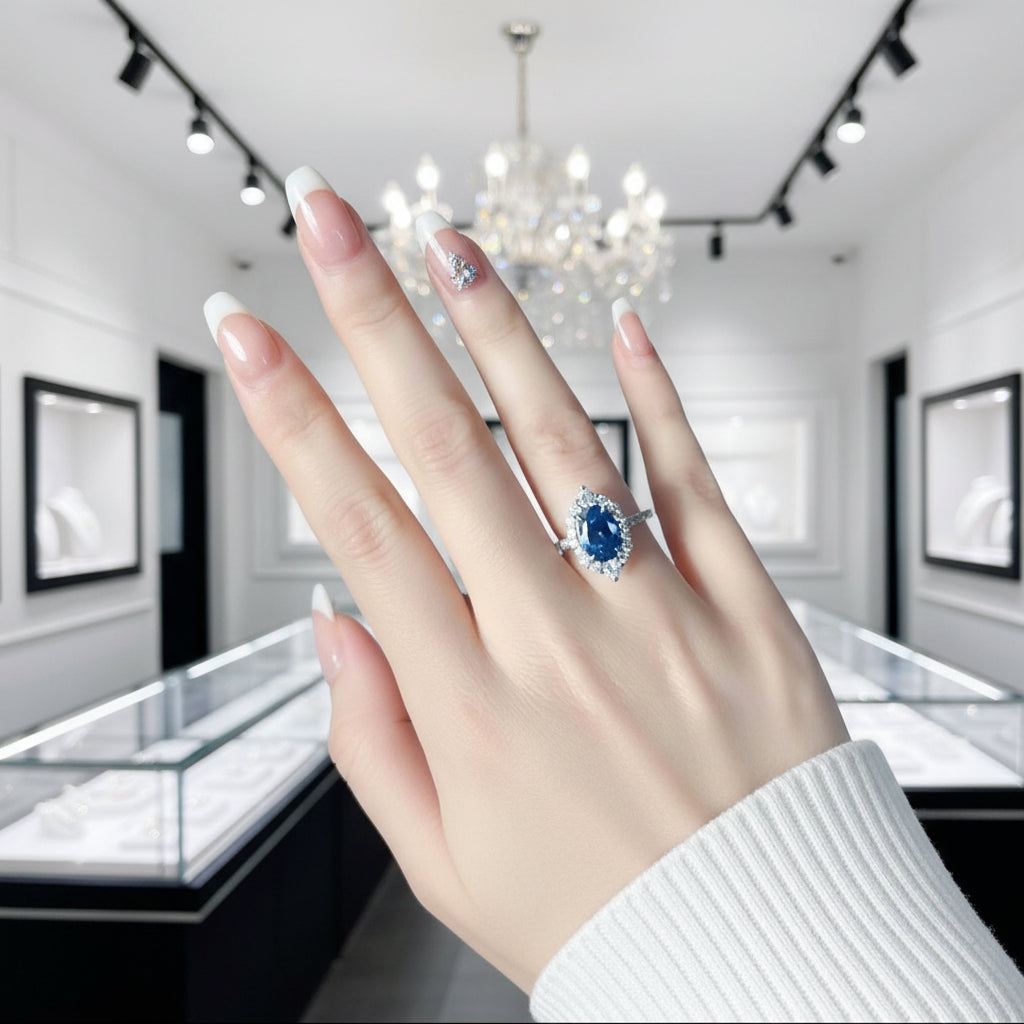 Halo Oval Cut Blue Sapphire Engagement Ring-Black Diamonds New York