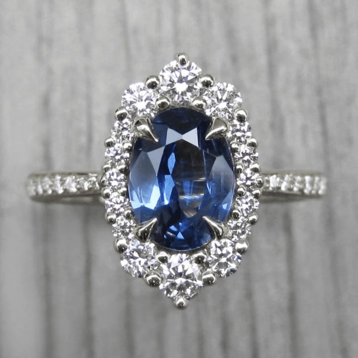 Halo Oval Cut Blue Sapphire Engagement Ring