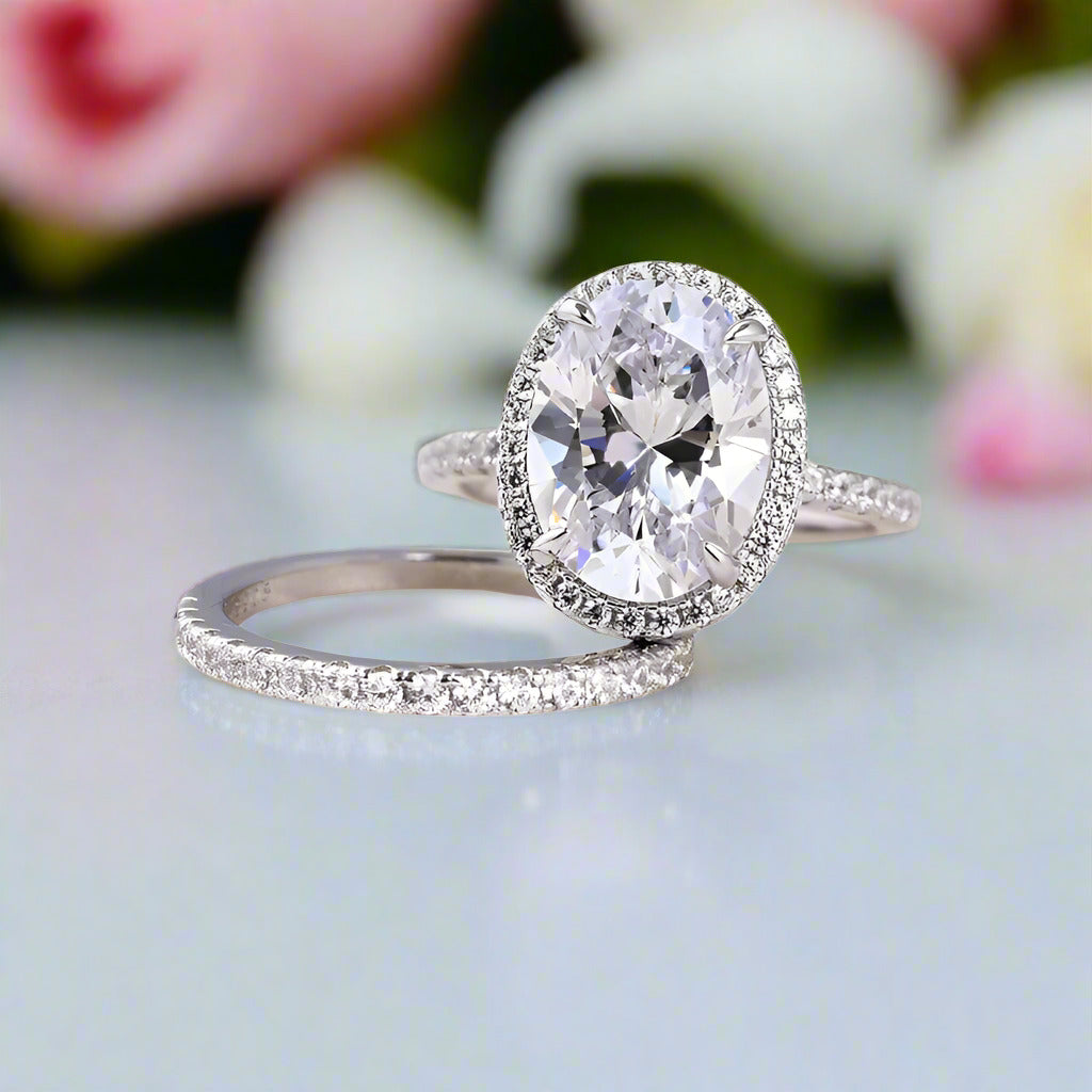 Halo Oval Cut Diamond Wedding Ring Set-Black Diamonds New York