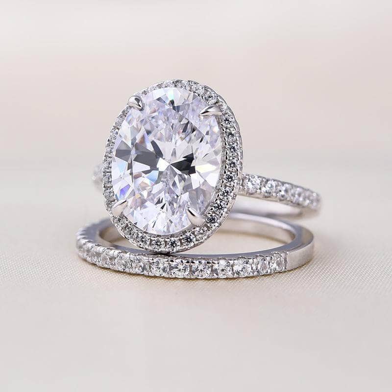 Halo Oval Cut Sona Simulated Diamond Wedding Ring Set - Black Diamonds New York