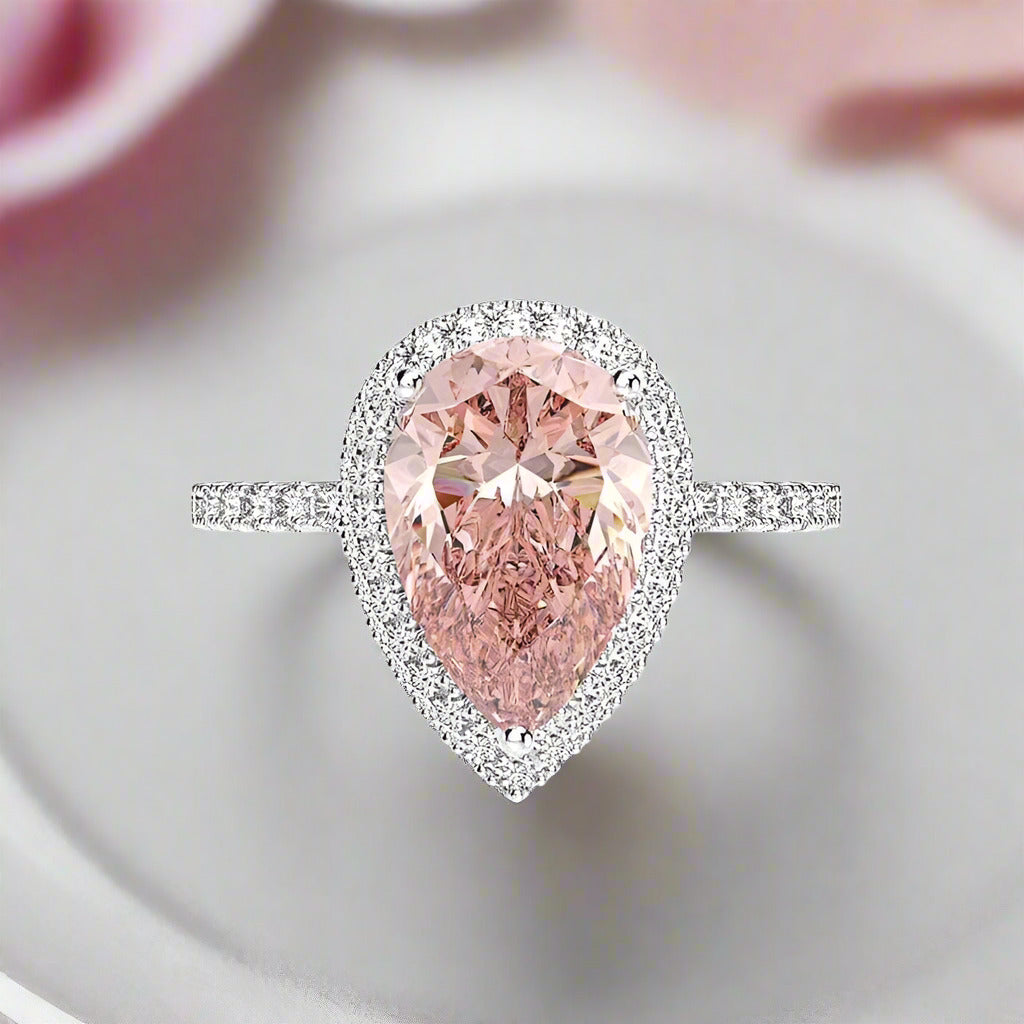 Halo Pear Cut 3ct Morganite Ring Set 3pcs In White Gold-Black Diamonds New York