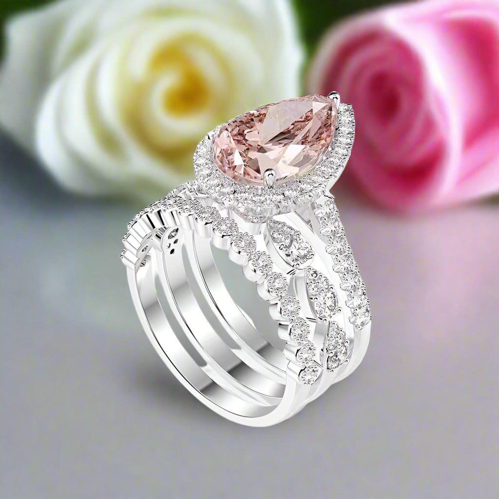 Halo Pear Cut 3ct Morganite Ring Set 3pcs In White Gold-Black Diamonds New York