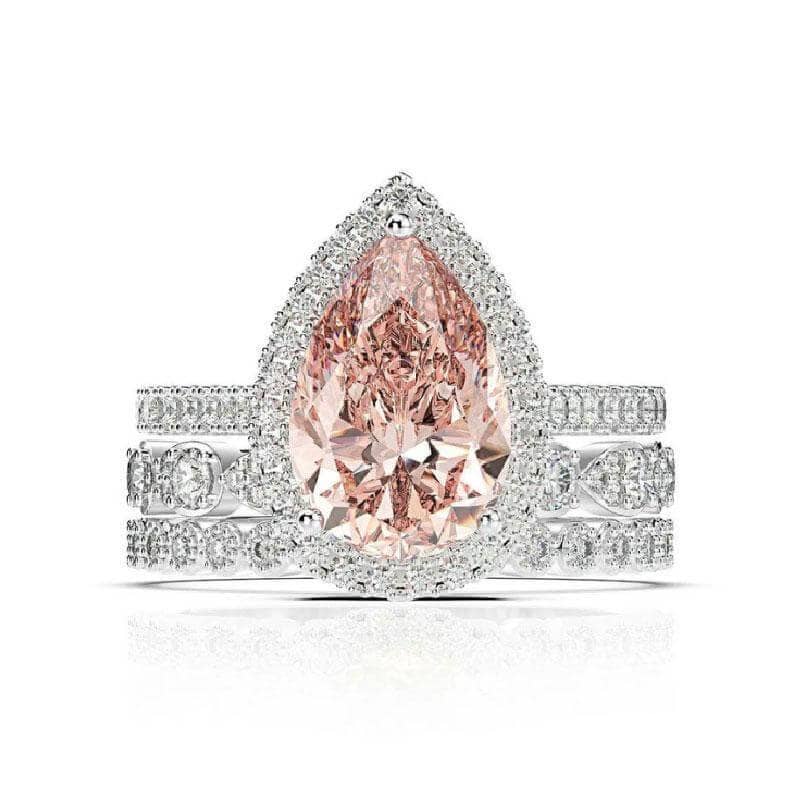 Halo Pear Cut 3ct Morganite Ring Set 3pcs In White Gold-Black Diamonds New York
