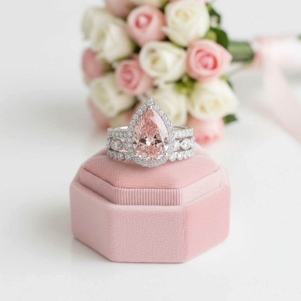 Halo Pear Cut 3ct Morganite Ring Set 3pcs In White Gold-Black Diamonds New York