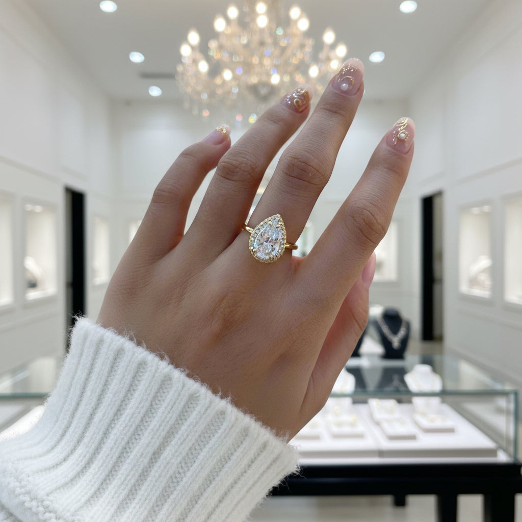 Halo Pear Cut Solitaire Yellow Gold Engagement Ring-Black Diamonds New York