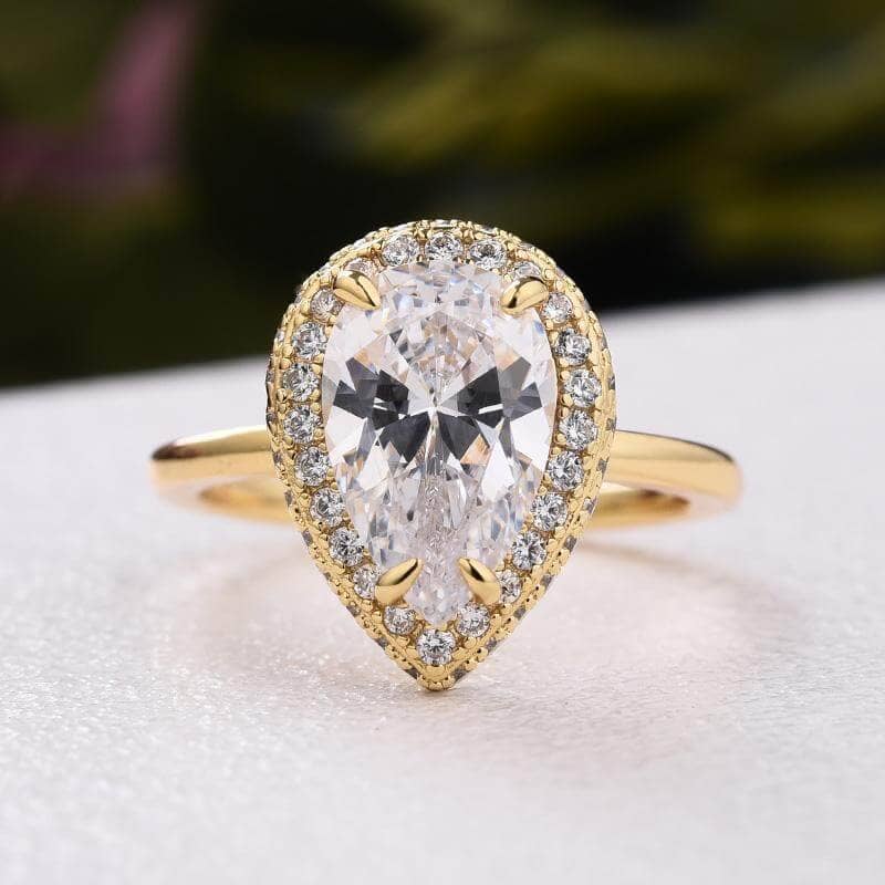 Halo Pear Cut Solitaire Yellow Gold Engagement Ring-Black Diamonds New York