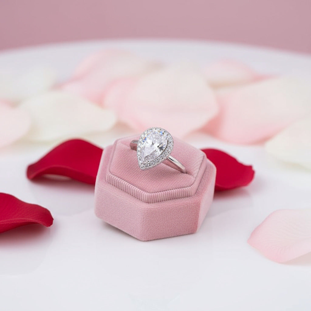 Halo Pear Cut Simulated Diamond Engagement Ring-Black Diamonds New York