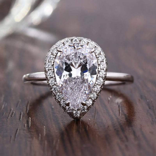 Halo Pear Cut Sona Simulated Diamond Engagement Ring - Black Diamonds New York