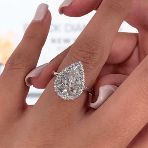 Halo Pear Cut Sona Simulated Diamond Engagement Ring - Black Diamonds New York
