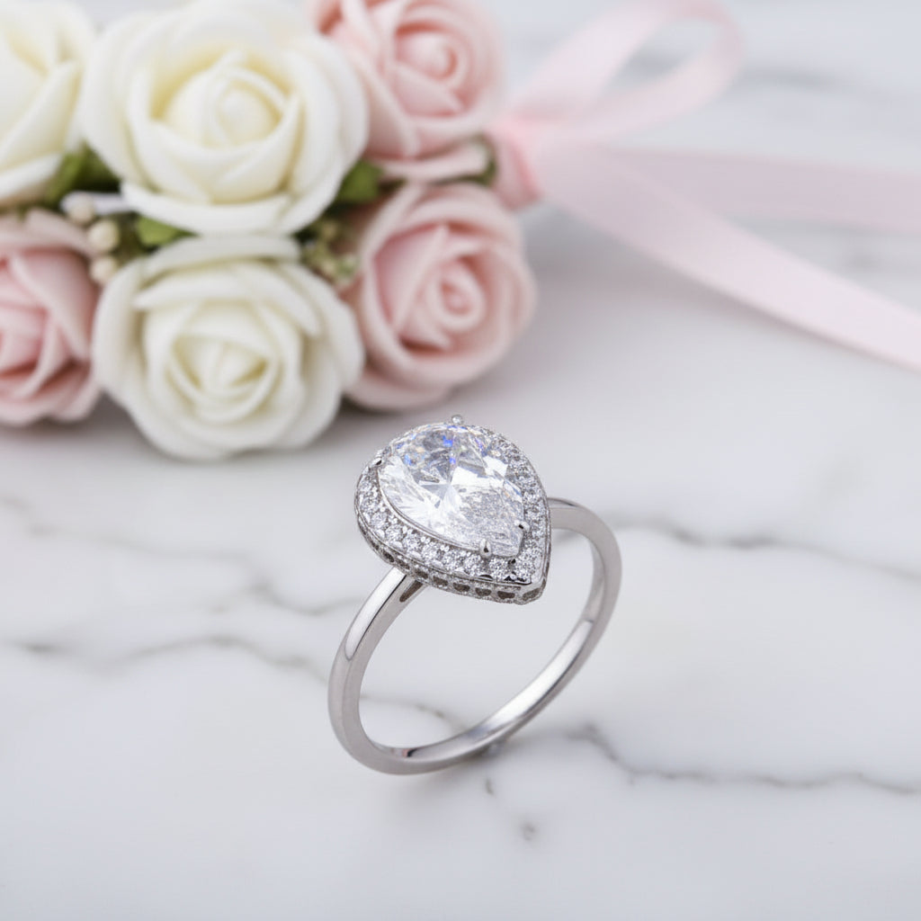 Halo Pear Cut Simulated Diamond Option Engagement Ring-Black Diamonds New York