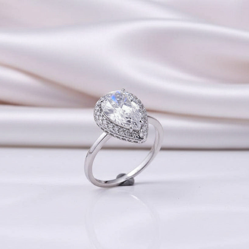 Halo Pear Cut Simulated Diamond Engagement Ring-Black Diamonds New York