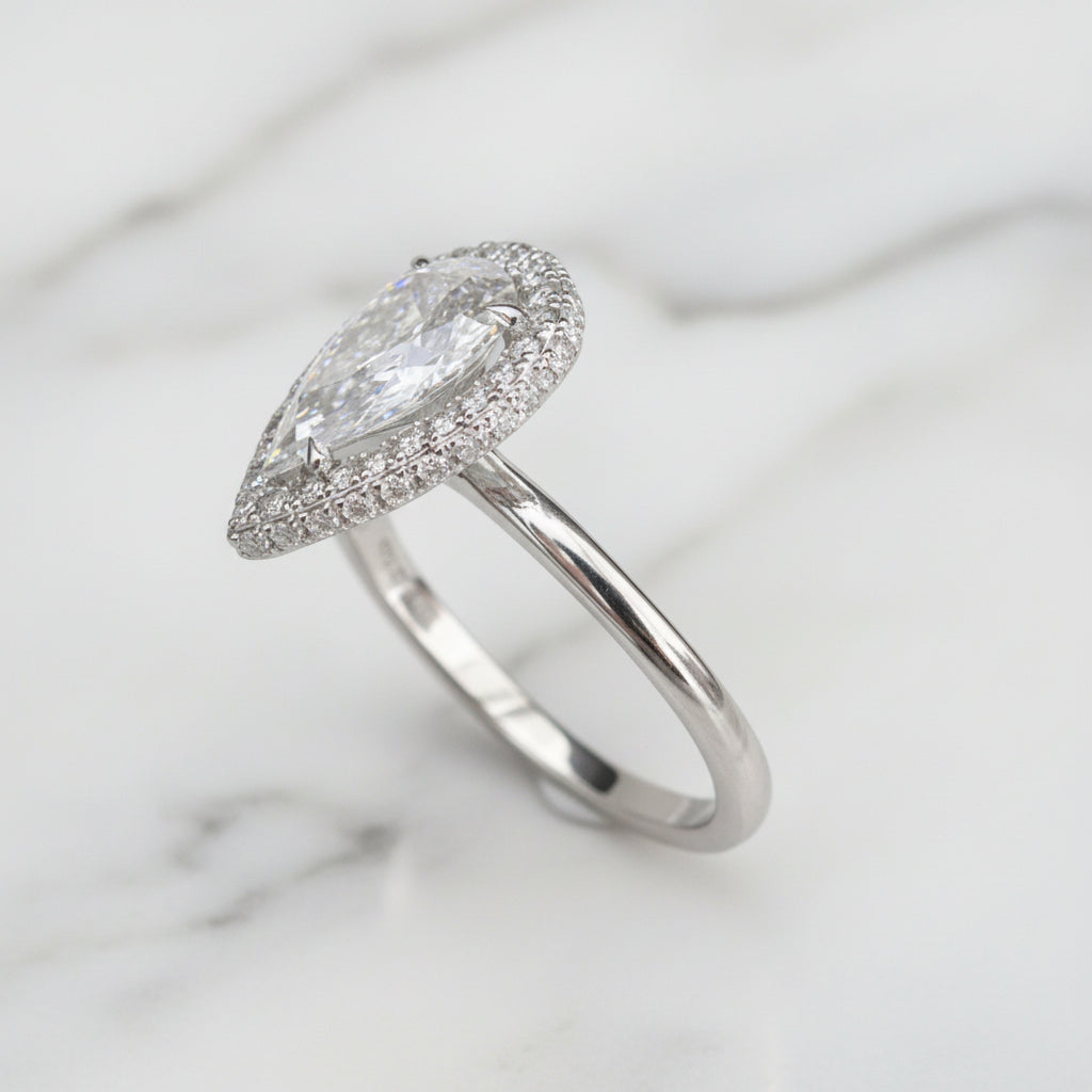 Halo Pear Cut Simulated Diamond Option Engagement Ring-Black Diamonds New York