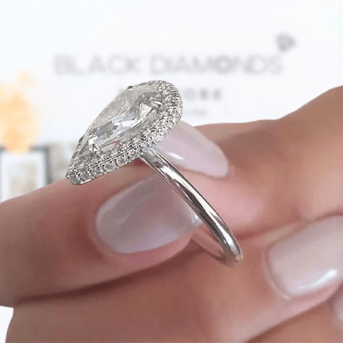 Halo Pear Cut Simulated Diamond Engagement Ring-Black Diamonds New York