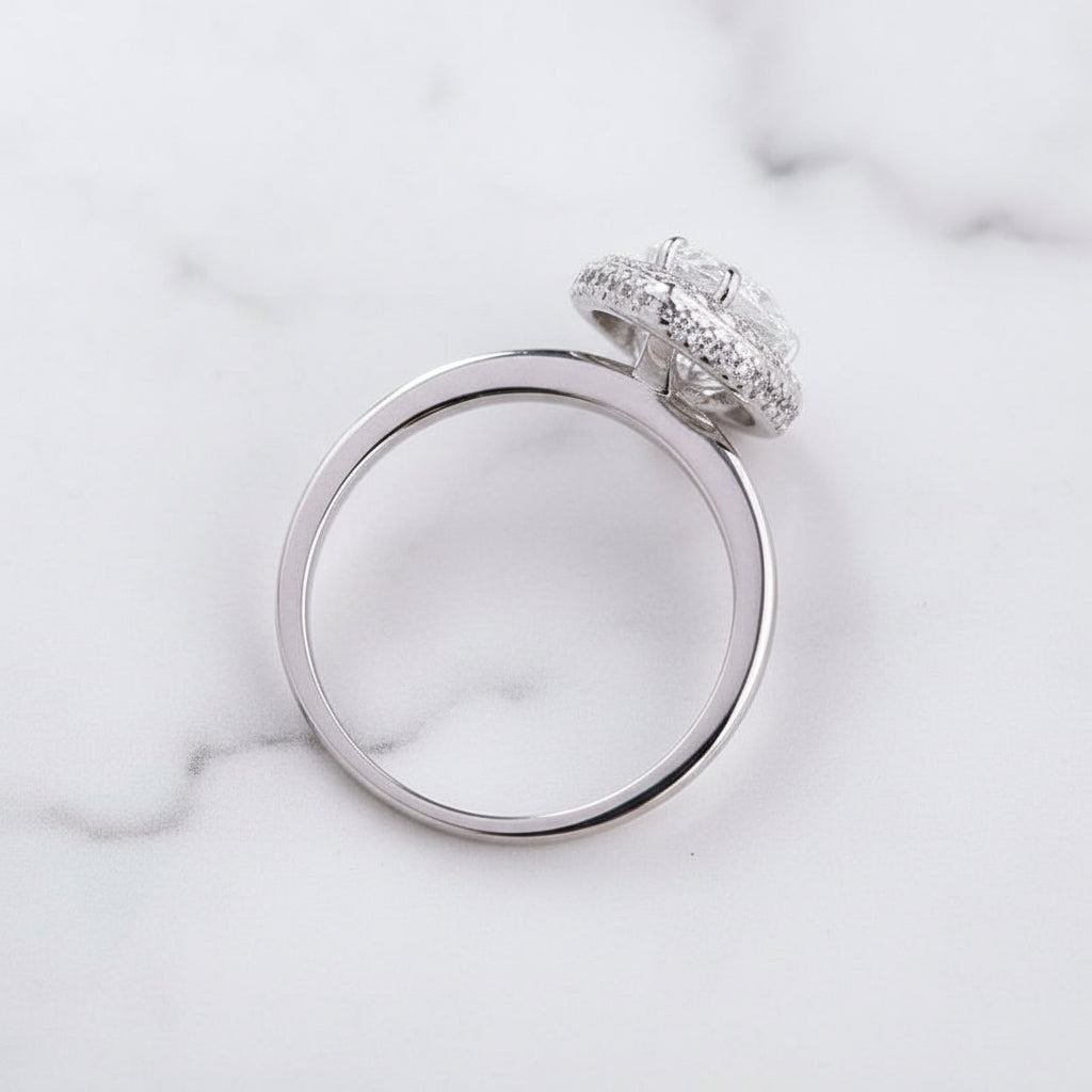 Halo Pear Cut Simulated Diamond Option Engagement Ring-Black Diamonds New York