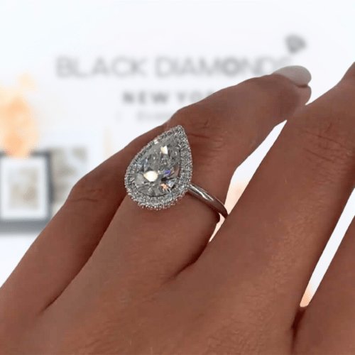 Halo Pear Cut Sona Simulated Diamond Engagement Ring-Black Diamonds New York