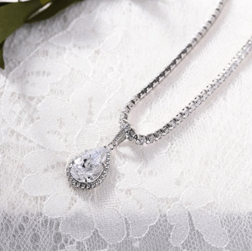 Halo Pear Cut Sona Simulated Diamond Pendant with Necklace - Black Diamonds New York