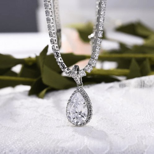 Halo Pear Cut Sona Simulated Diamond Pendant with Necklace - Black Diamonds New York