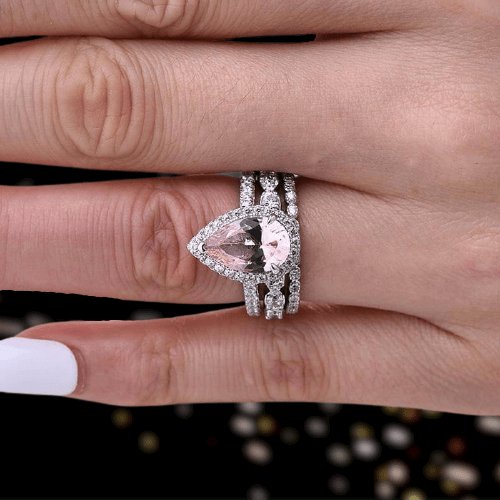 Halo Pear Cut Synthetic Morganite 3Pcs Wedding Ring Set - Black Diamonds New York
