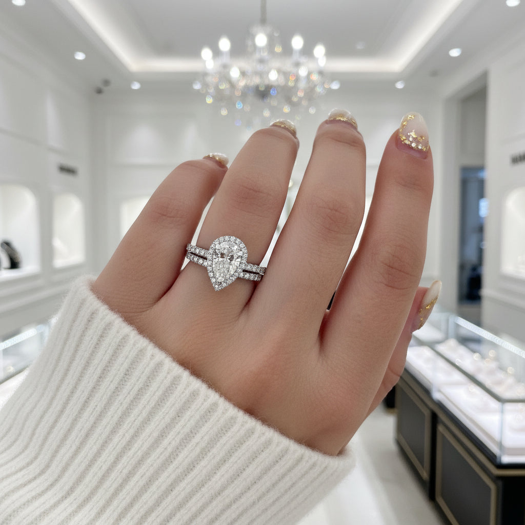 Halo Pear Cut White Sapphire Wedding Ring Set In White Gold-Black Diamonds New York