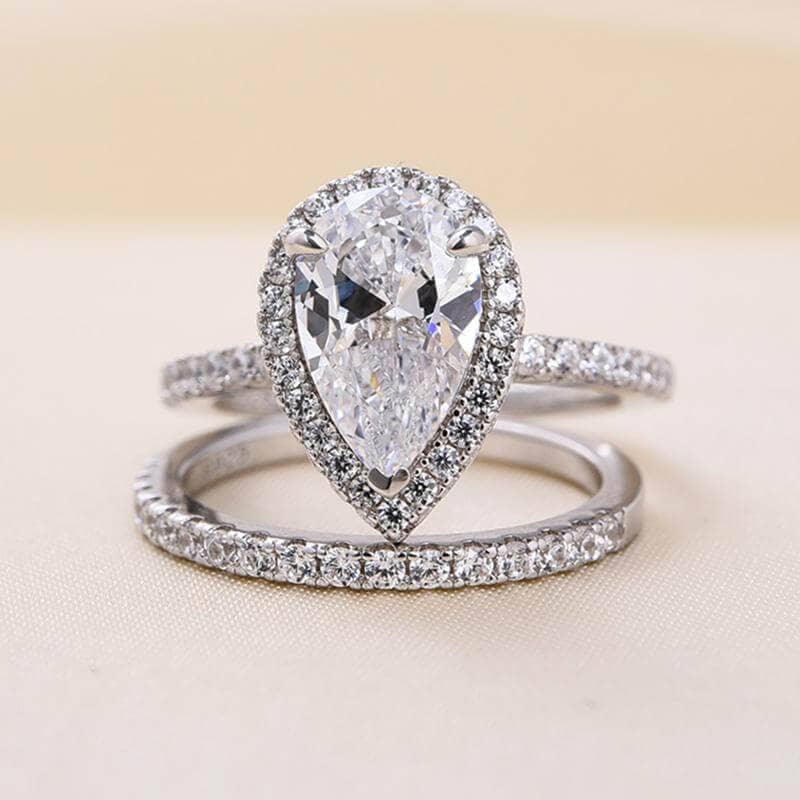 Halo Pear Cut White Sapphire Wedding Ring Set In White Gold - Black Diamonds New York