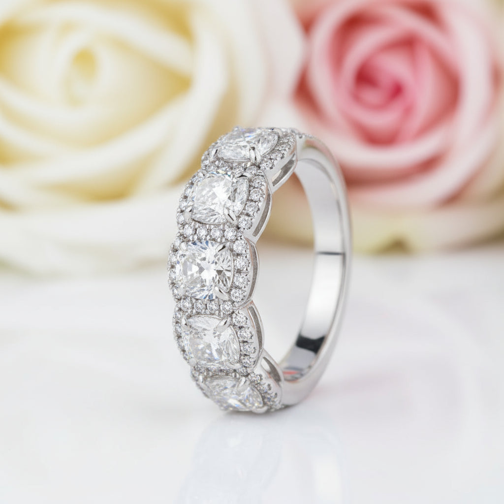 Halo Six Cushion Cut Diamond Wedding Ring-Black Diamonds New York