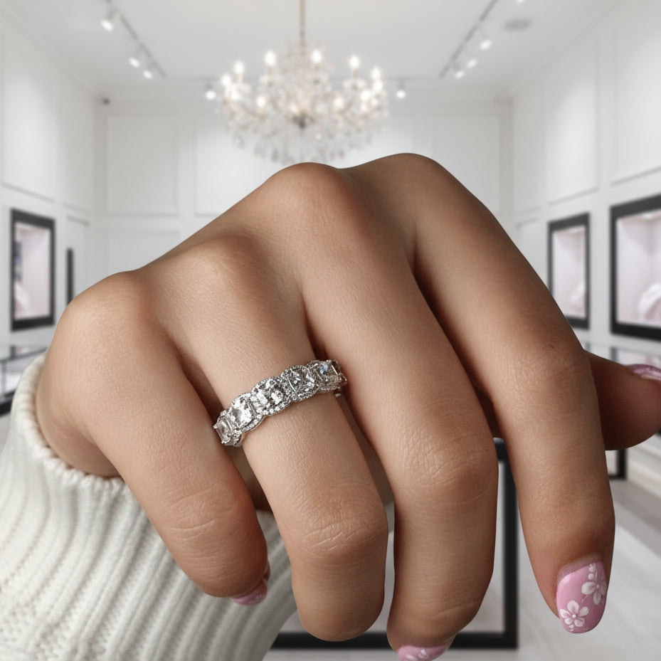 Halo Six Cushion Cut Diamond Wedding Ring-Black Diamonds New York