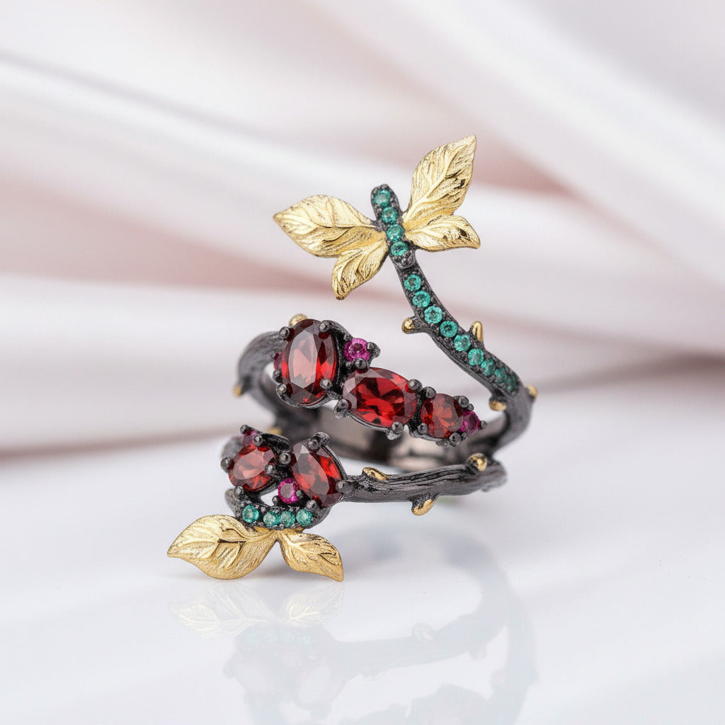 Handmade Adjustable 1.81 ct Garnet Branch Rings-Black Diamonds New York