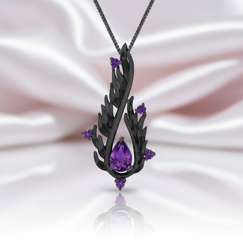 Handmade Angel's Wing Natural Amethyst Gemstone Necklace-Black Diamonds New York