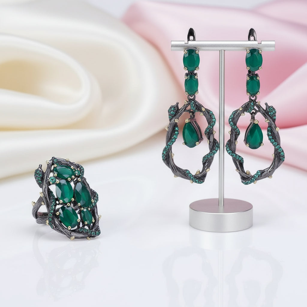 Handmade Branch Snake Ring with Natural Green Agate-Black Diamonds New York