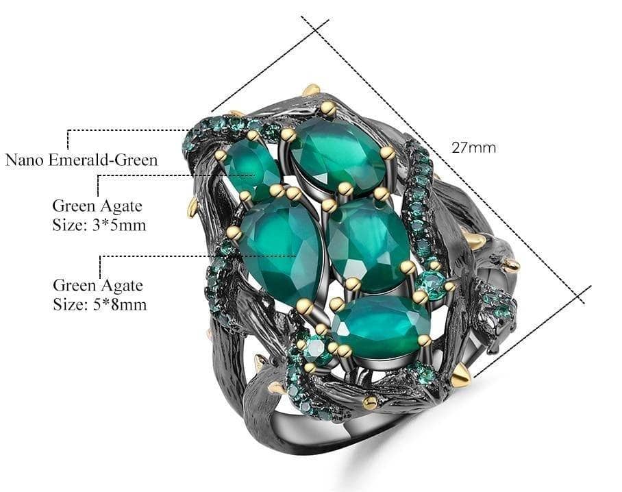 Handmade Branch Snake Ring with Natural Green Agate-Black Diamonds New York