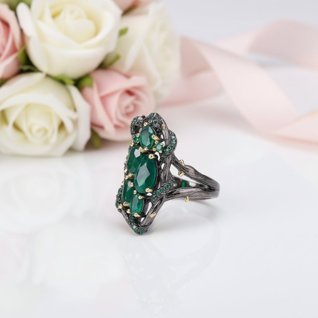 Handmade Branch Snake Ring with Natural Green Agate-Black Diamonds New York