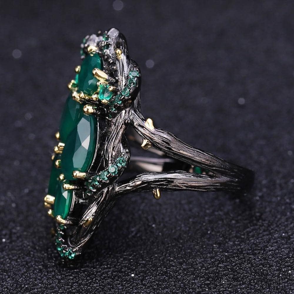 Handmade Branch Snake Ring with Natural Green Agate-Black Diamonds New York