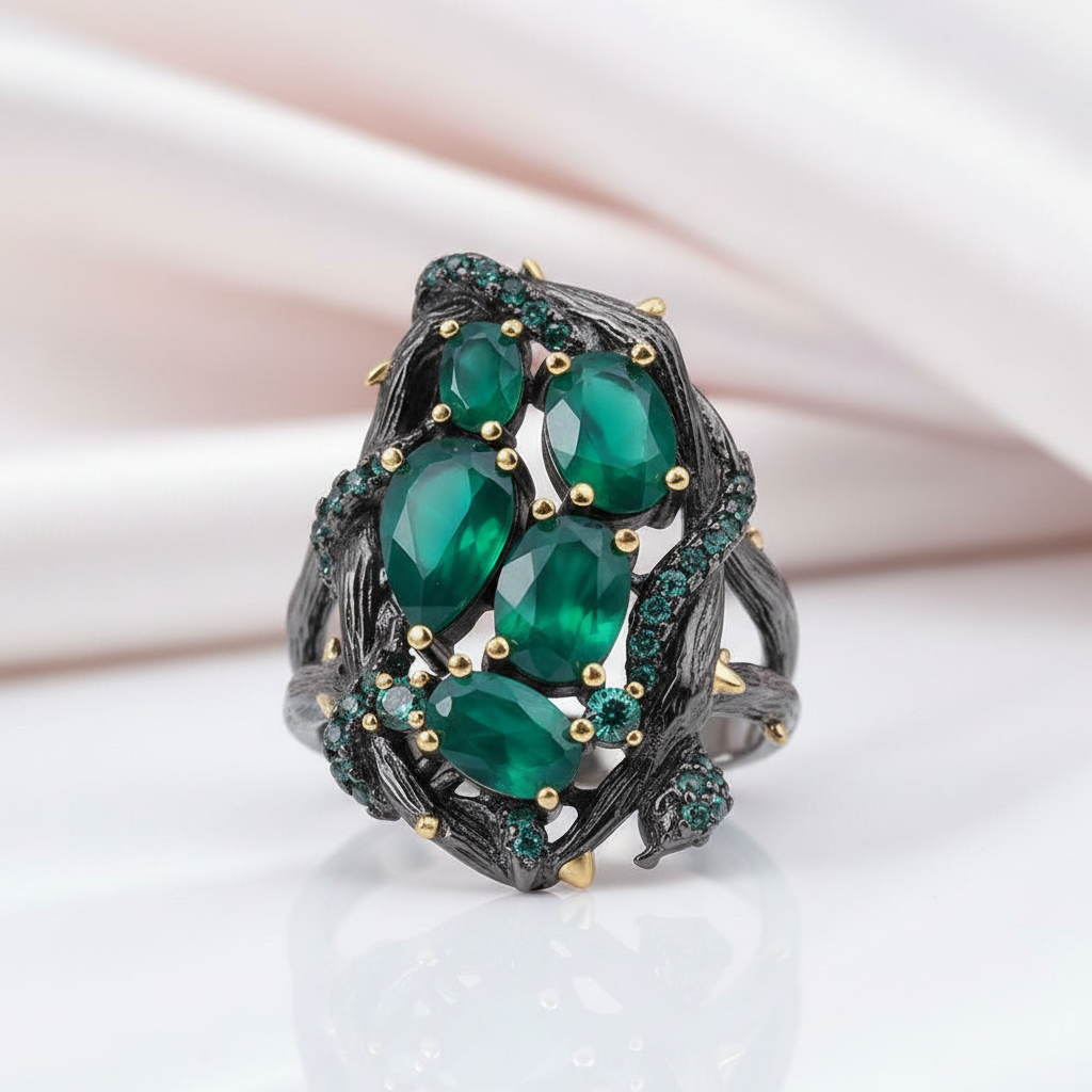 Handmade Branch Snake Ring with Natural Green Agate-Black Diamonds New York