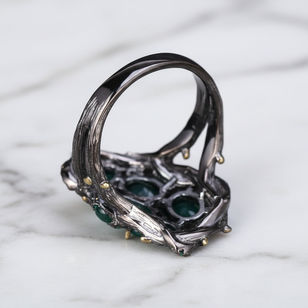 Handmade Branch Snake Ring with Natural Green Agate-Black Diamonds New York