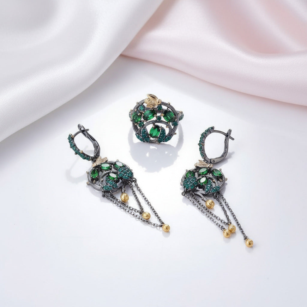 Handmade Chrome Diopside Gemstone Gold Bee on Branch Rings-Black Diamonds New York