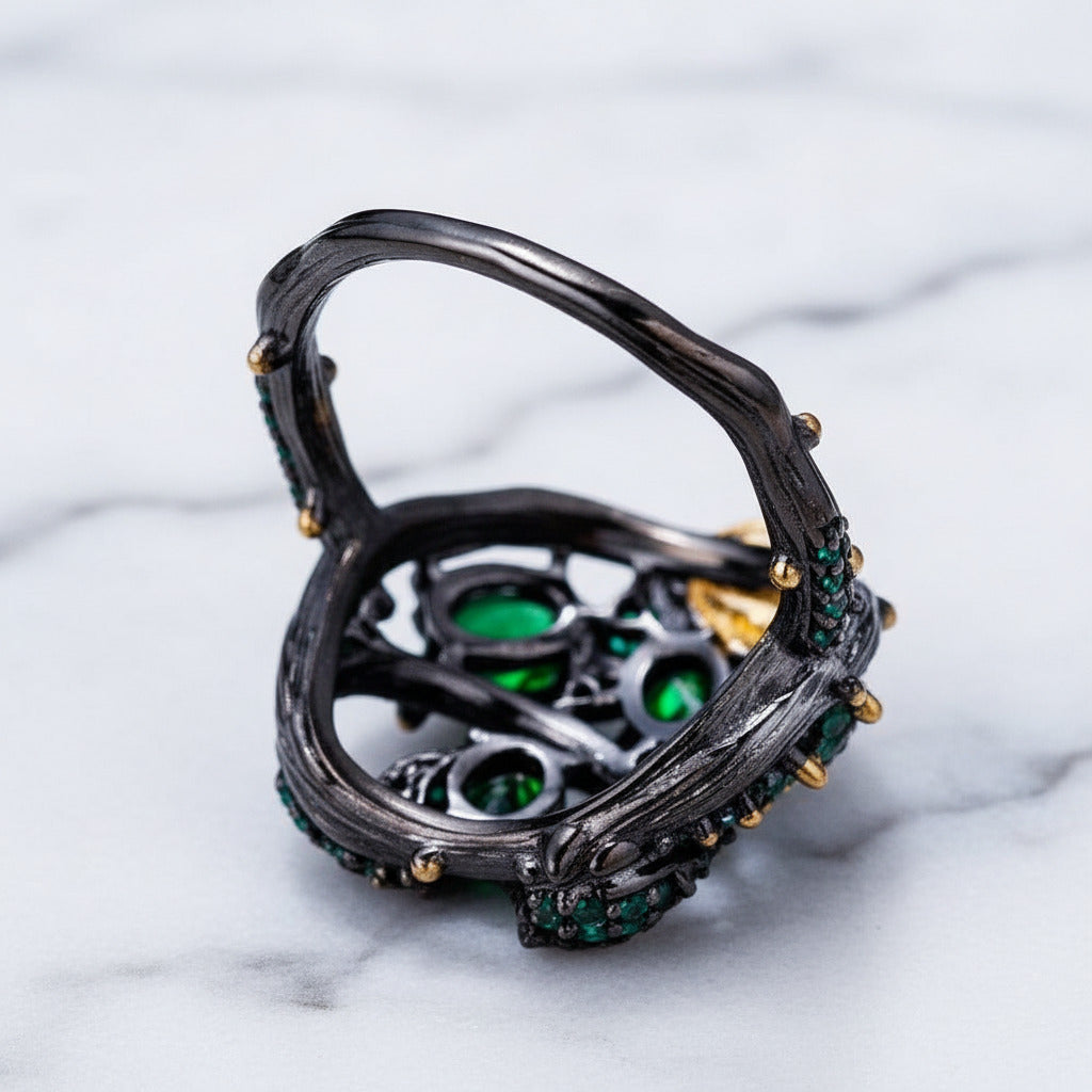 Handmade Chrome Diopside Gemstone Gold Bee on Branch Rings-Black Diamonds New York