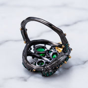 Handmade Chrome Diopside Gemstone Gold Bee on Branch Rings-Black Diamonds New York